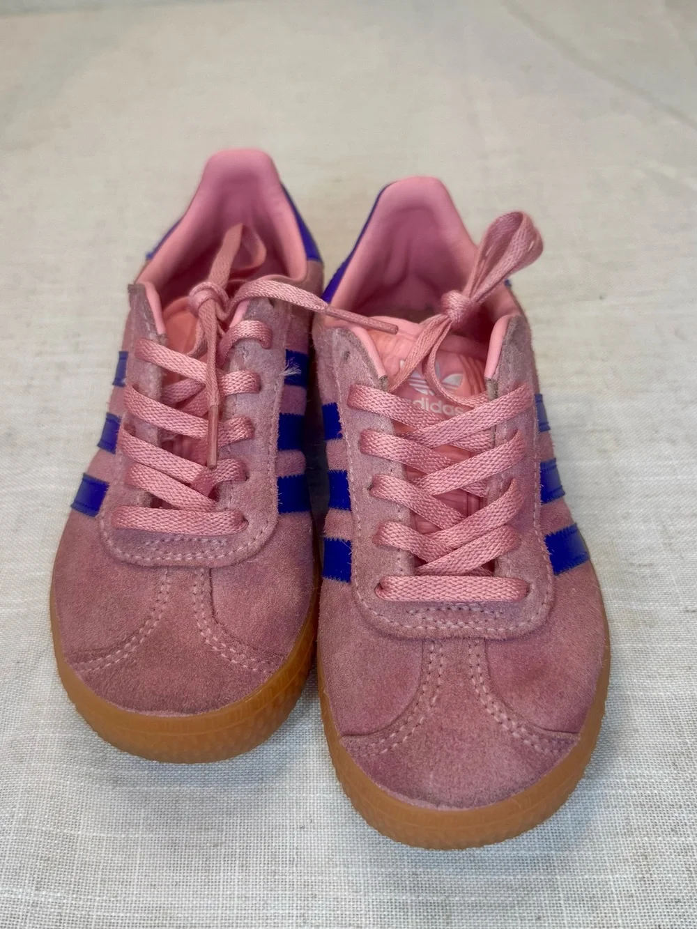 adidas Kids Pink Gazelle Suede Sneakers with Blue Stripes